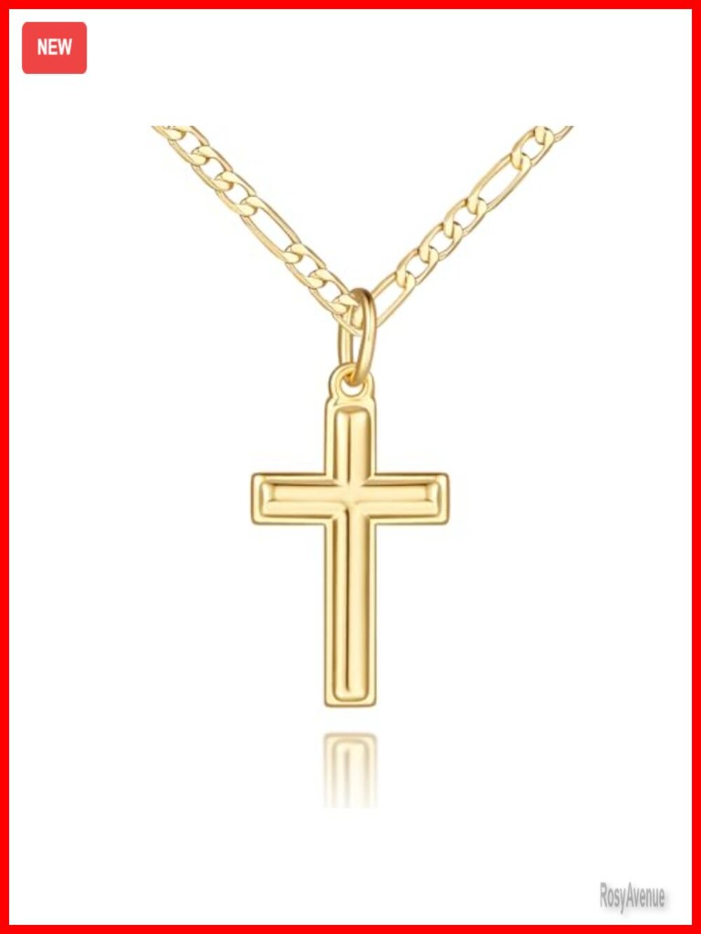 14K Gold Plated Cross Pendant Necklace Figaro Chain Women 20mm